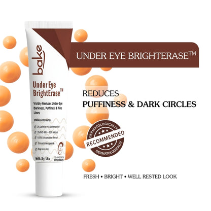 BAKE BrightErase under eye cream jar with 2% caffeine, designed to reduce dark circles, puffiness, and fine lines.