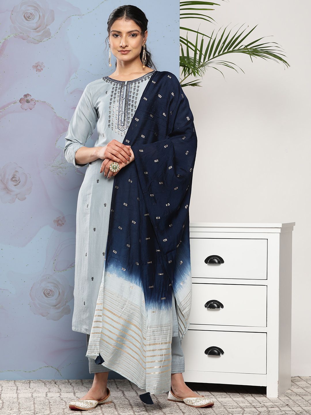 Indyancart VA Women'sFloral Embroidered Button Detail Kurta with Trousers & Dupatta