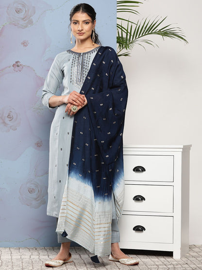 Indyancart VA Women'sFloral Embroidered Button Detail Kurta with Trousers & Dupatta