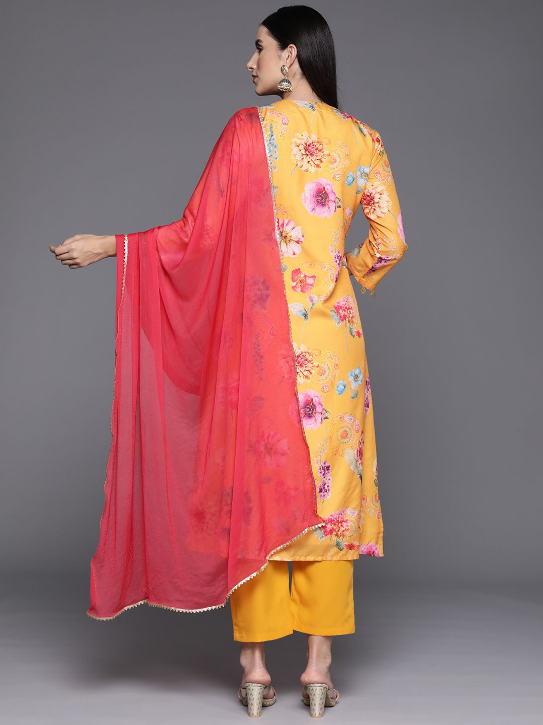 Indyancart VA Women's Floral Printed Empire Beads and Stones Kurta with Trousers & With Dupatta