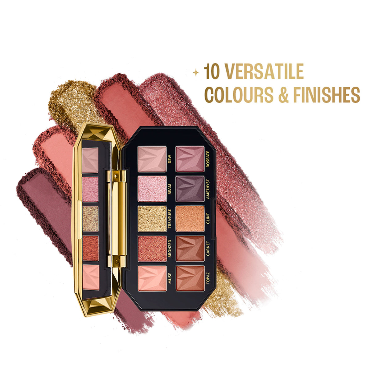 Lakme Be-Jewel Multichrome Eyeshadow Palette with 10 shimmery shades in gilded glow, featuring vibrant, shimmering eyeshadow colors.