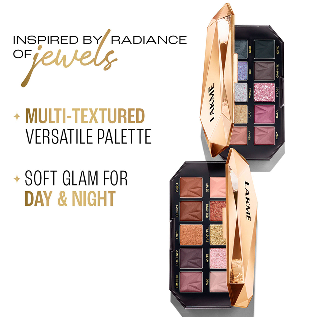 Lakme Be-Jewel Multichrome Eyeshadow Palette with 10 shimmering shades in gilded glow, featuring vibrant, metallic eyeshadow colors.