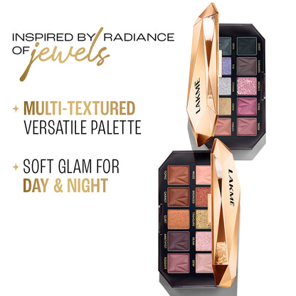 Lakme Be-Jewel Multichrome Eyeshadow Palette with 10 shimmering shades in gilded glow, featuring vibrant, metallic eyeshadow colors.