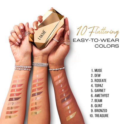Lakme Be-Jewel Multichrome Eyeshadow Palette with 10 shimmery shades in gilded glow, featuring vibrant, glittering eye makeup colors.