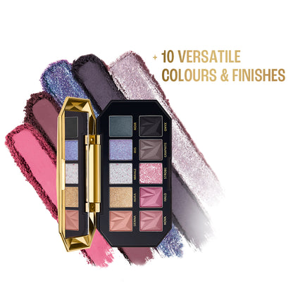 Lakme Be-Jewel Multichrome Eyeshadow Palette with 10 shimmery shades in midnight metals tones, featuring vibrant, metallic eyeshadow pans.
