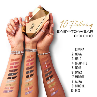 Lakme Be-Jewel Multichrome Eyeshadow Palette with 10 shimmery shades in Midnight Metals, featuring vibrant, metallic eye makeup colors.