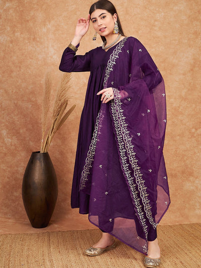 Indyancart SN Women's Purple V- Neck Empire A-Line Kurta & Trousers With Dupatta