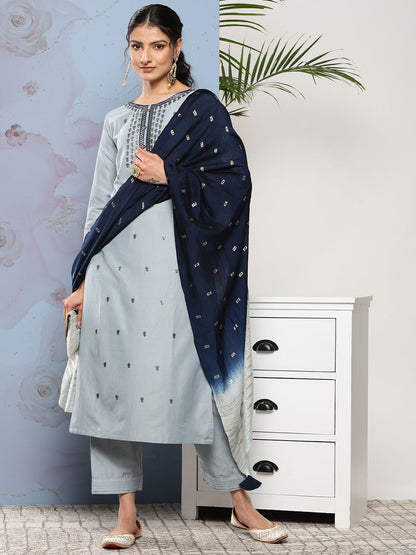 Indyancart VA Women'sFloral Embroidered Button Detail Kurta with Trousers & Dupatta