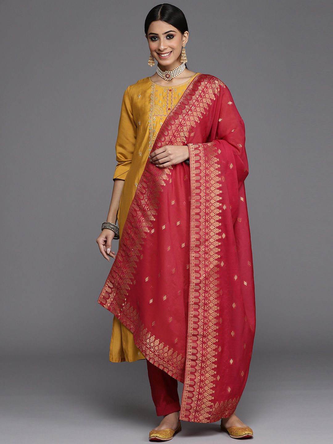Indyancart VA Women's Mustard Yellow Ethnic Motifs Embroidered Kurta with Trousers & Dupatta