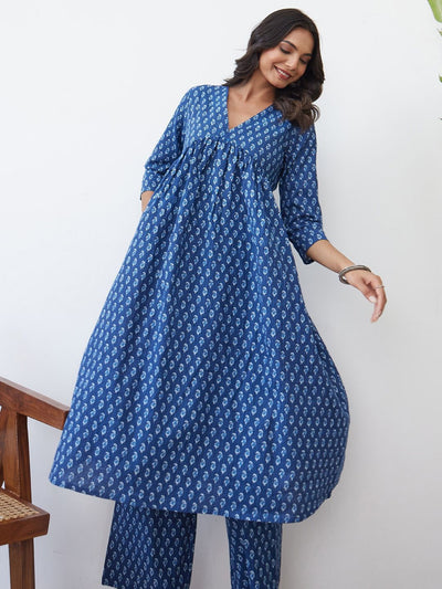 Indyancart IE Ethnic Motifs Printed Pure Cotton Kurta With Trousers