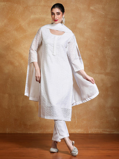Indyancart VA Women's Floral Embroidered Kurta with Trousers & Dupatta