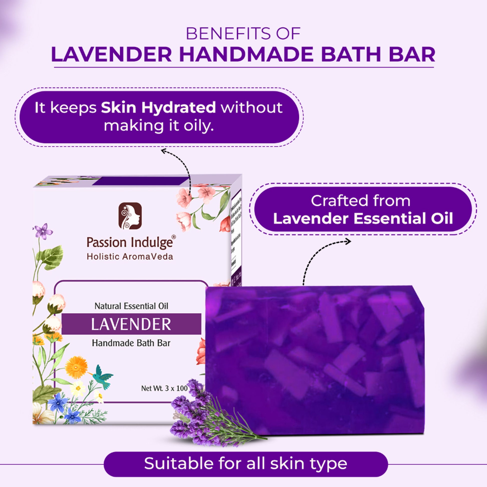 Passion Indulge Natural Handmade Bath Bar Soap - Lavender (Pack of 3)