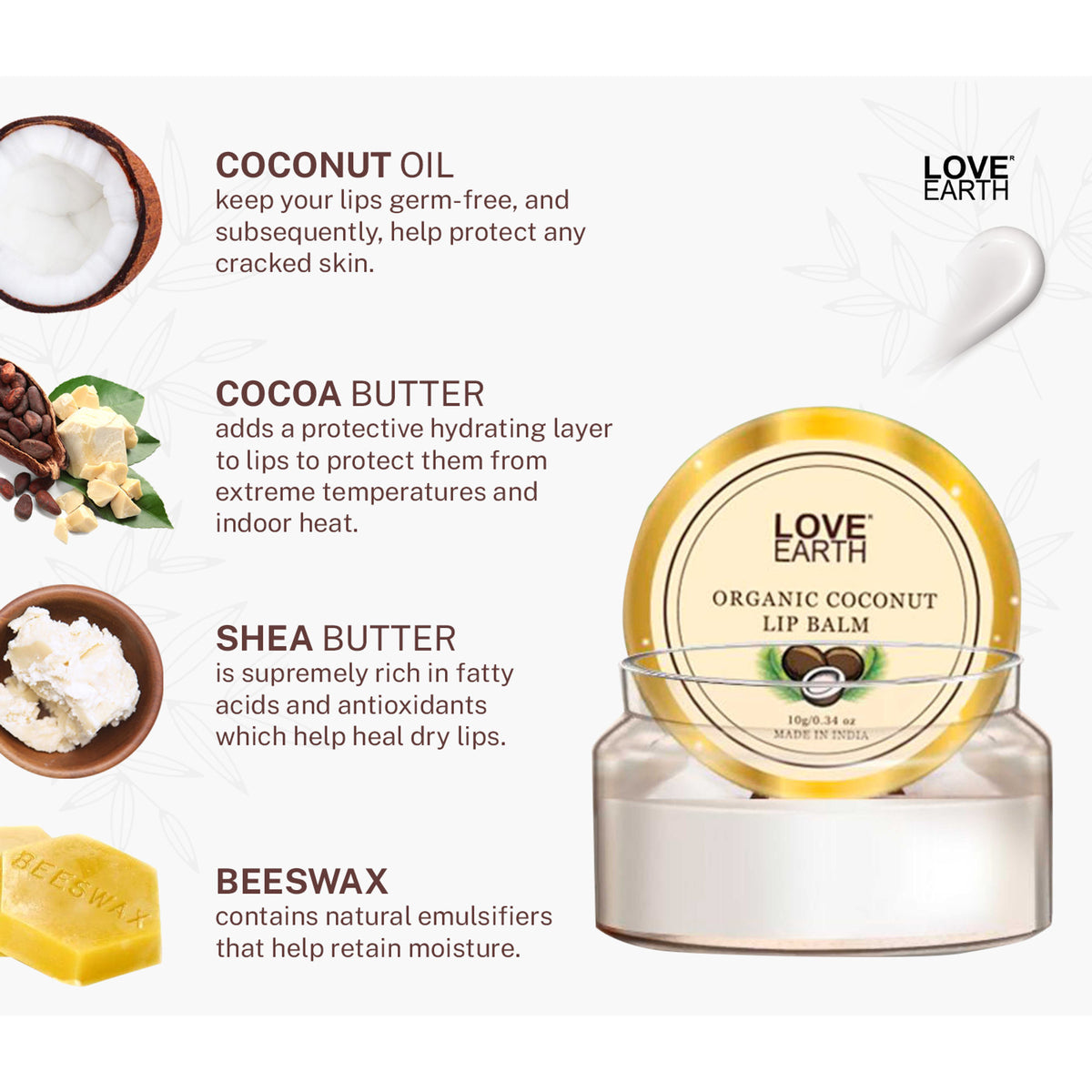Love Earth Coconut Lip Balm for Dry & Chapped Lips with Vitamin E Shea Butter & Cocoa Butter