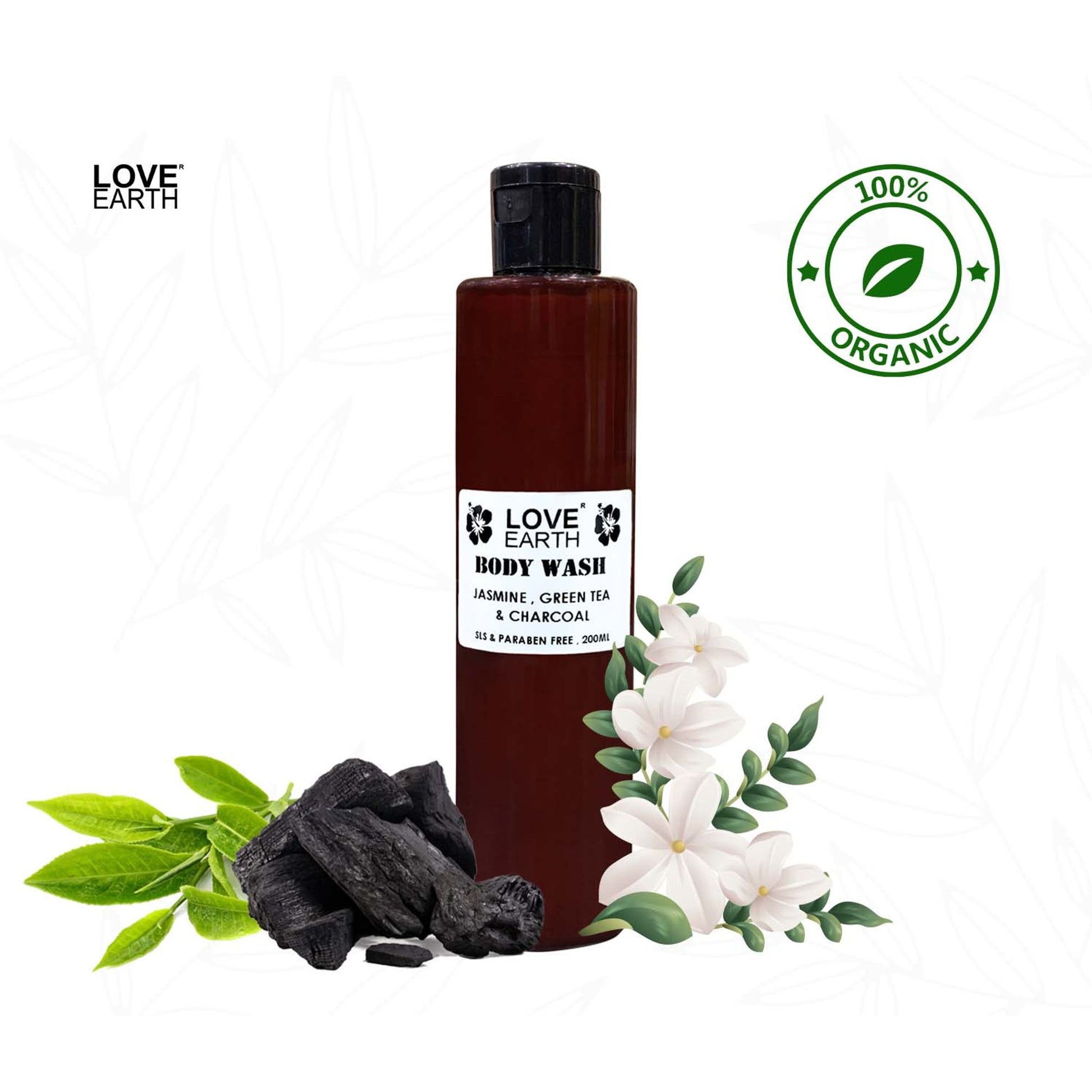 Love Earth Body Wash Jasmine Green Tea and Charcoal with Aloe Vera & Tea Tree for Acne & Pimples