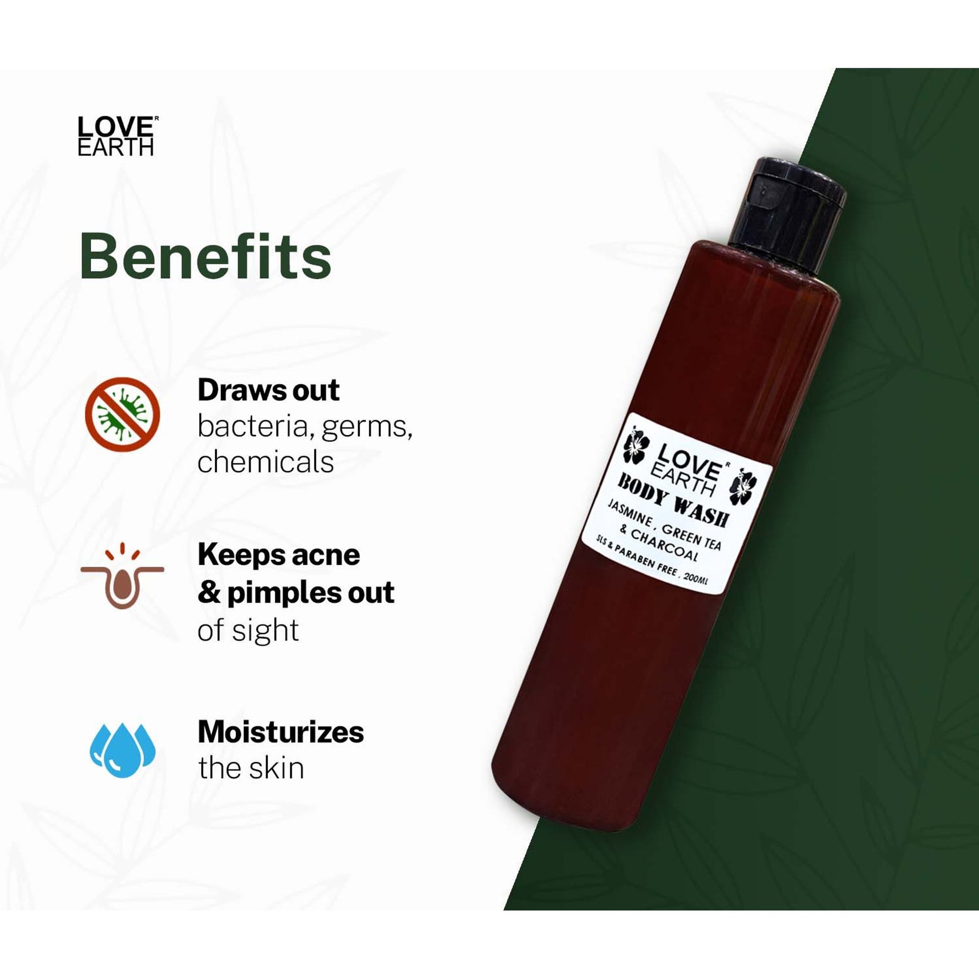 Love Earth Body Wash Jasmine Green Tea and Charcoal with Aloe Vera & Tea Tree for Acne & Pimples