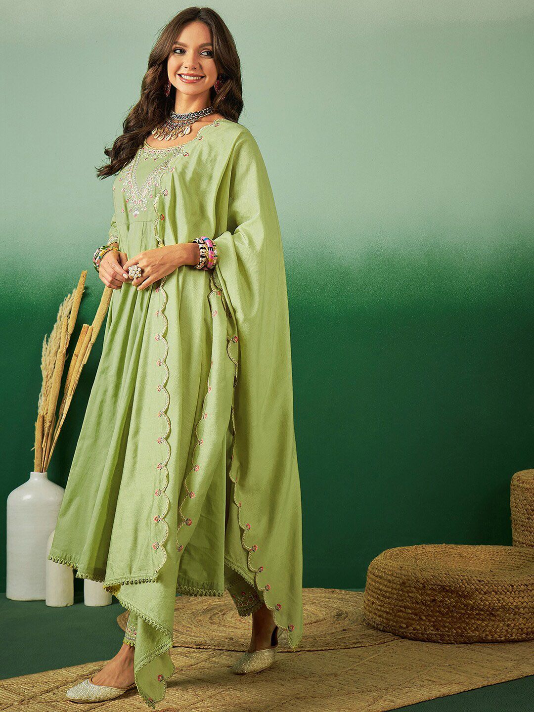 Indyancart SN Women's Sequence Embroidered Pure Cotton Anarkali Kurta With Trousers & Dupatta