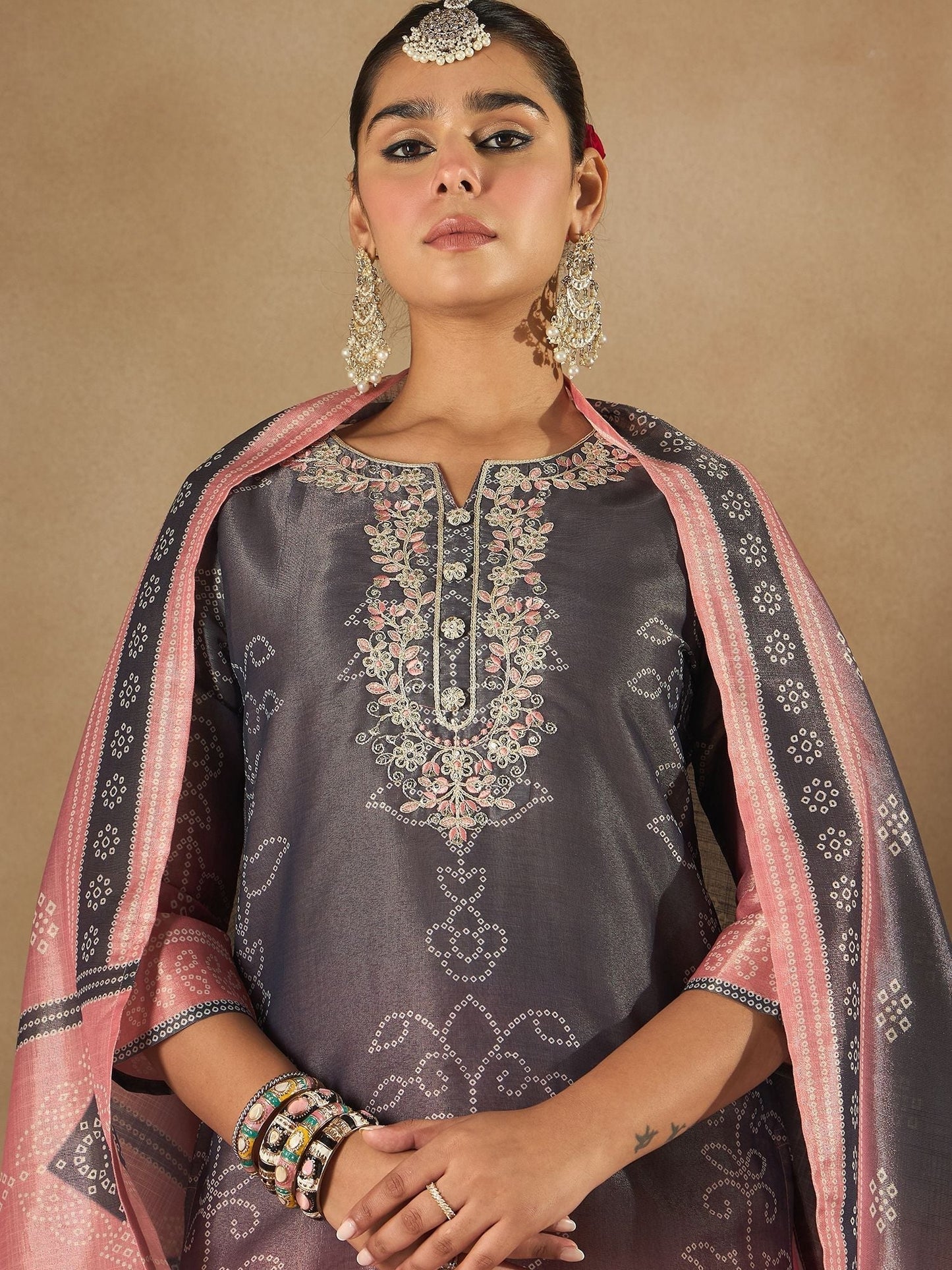 Indyancart IE Floral Embroidered Embellished Notch Neck Straight Kurta with Trouser And Dupatta