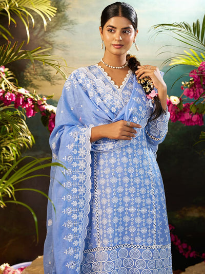 Indyancart IE Women Ethnic Motifs Embroidered Cotton Kurta with Trousers & Dupatta