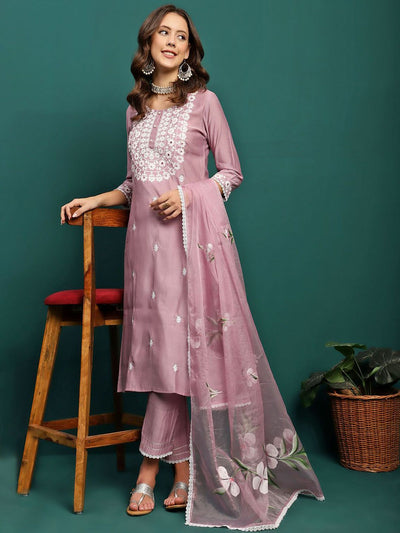 Indyancart SN Women's Embroidered Round-Neck Kurta With Trouser & Dupatta