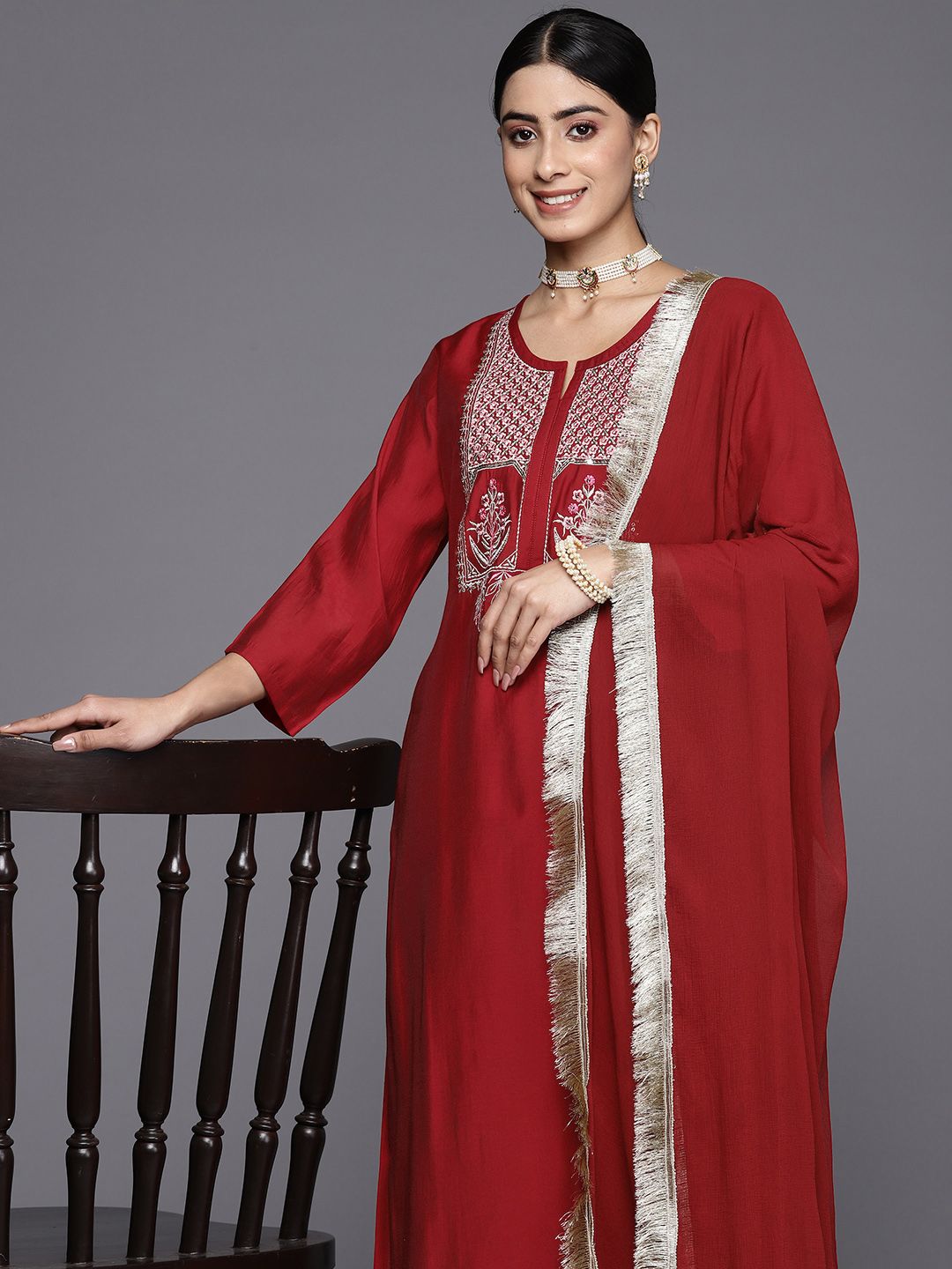 Indyancart VA Women's Red Floral Embroidered Sequinned Kurta with Trousers & With Dupatta