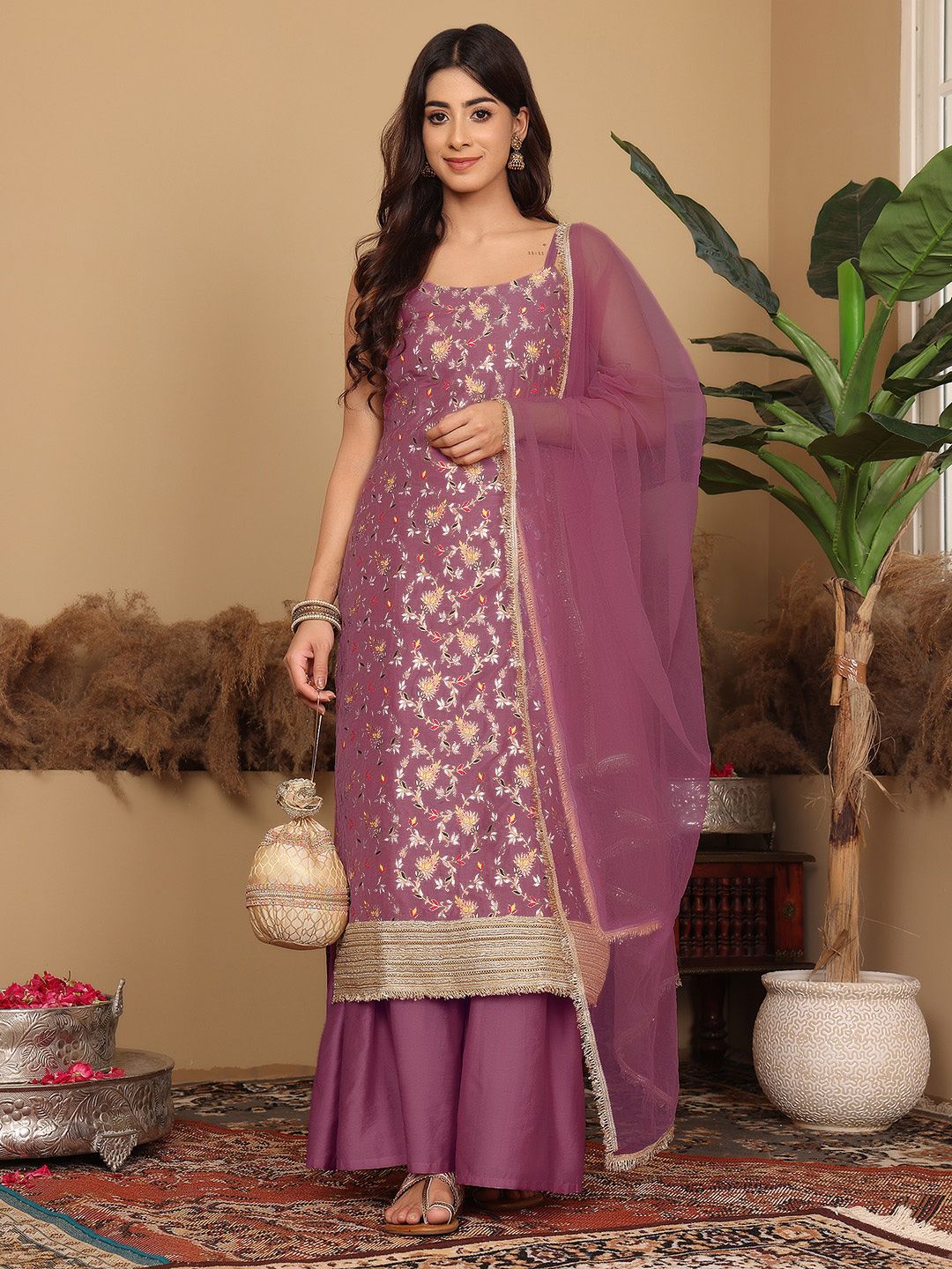Dhiyona VA Women's Floral Embroidered Regular Gotta Patti Kurta with Sharara & Fringed Dupatta