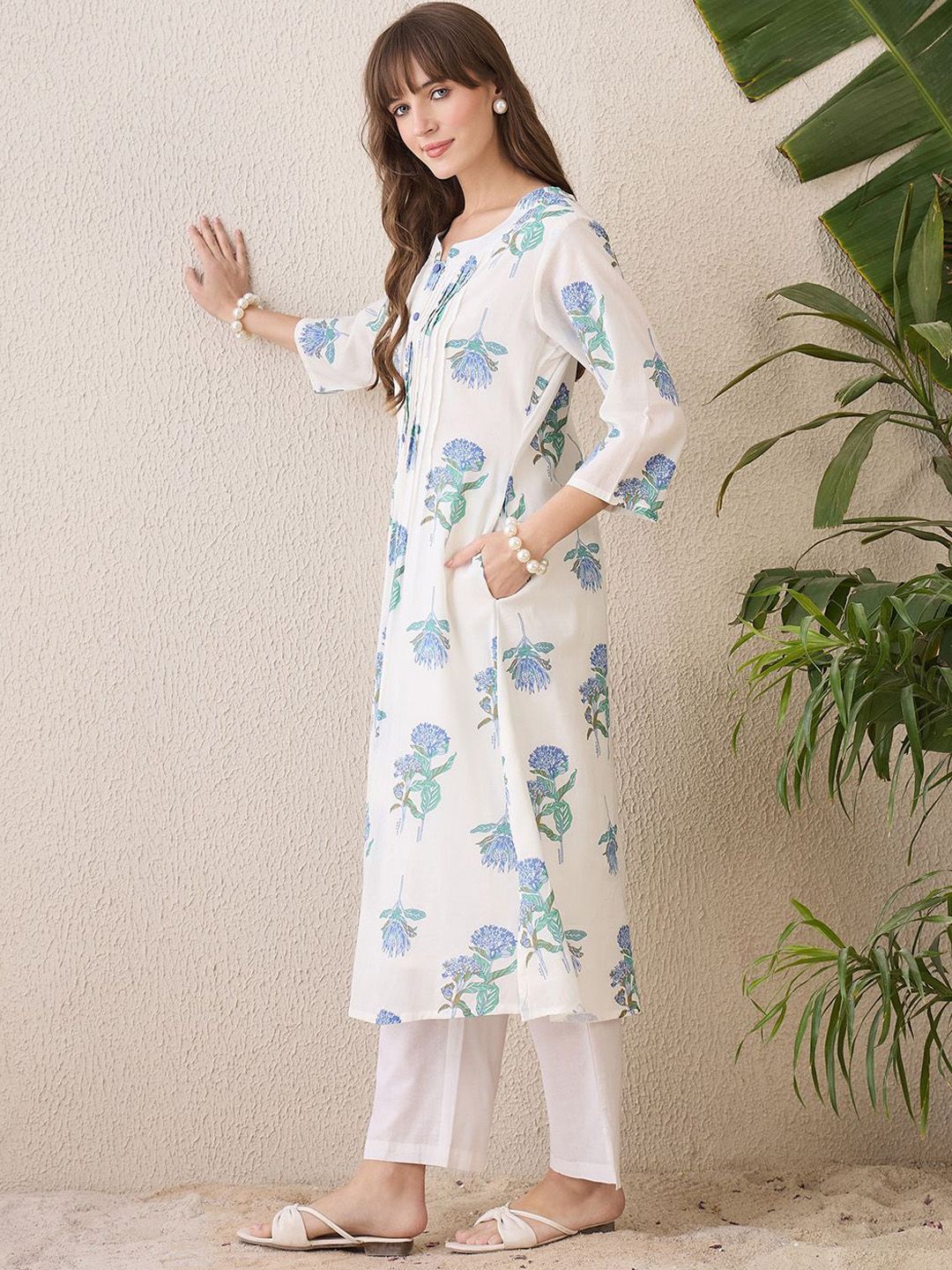 Indyancart IE Floral Printed Round Neck Pure Cotton A-Line Kurta With Trouser