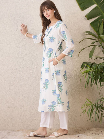 Indyancart IE Floral Printed Round Neck Pure Cotton A-Line Kurta With Trouser
