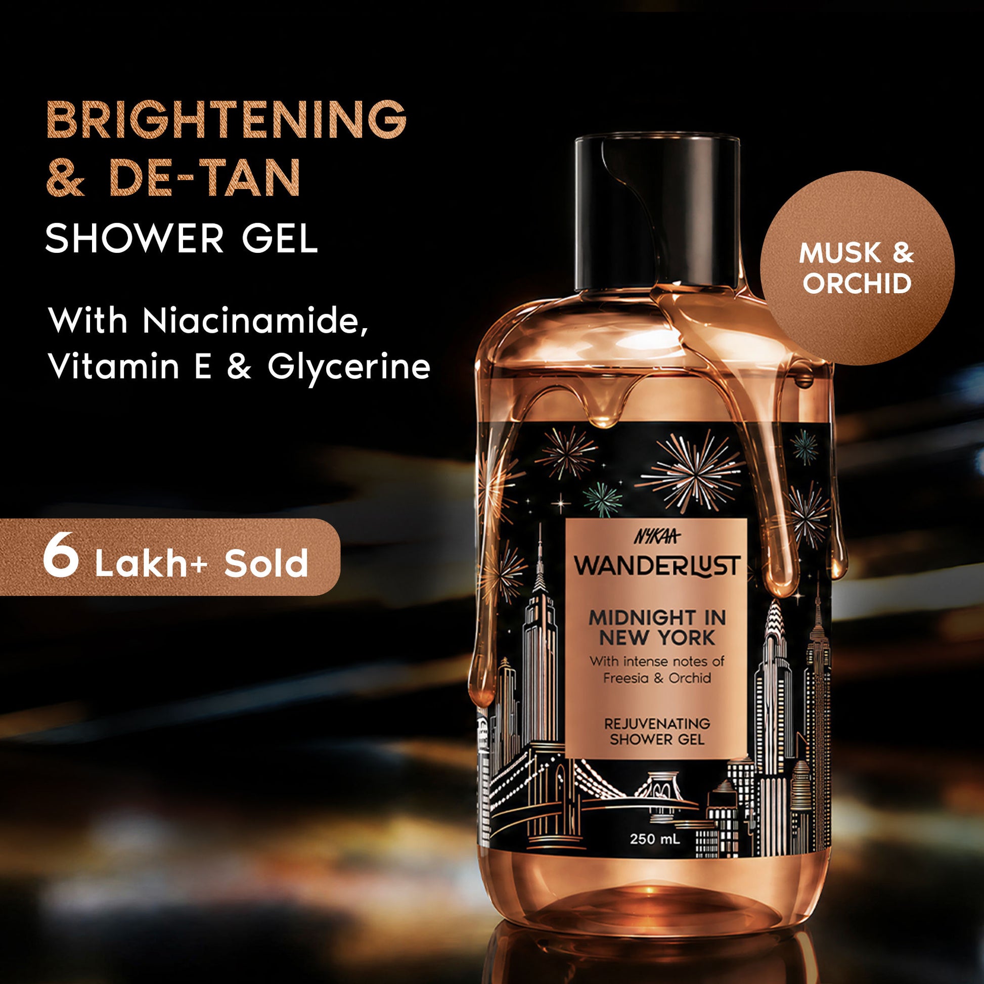 Wanderlust Midnight in New York Hydrating Body Wash Niacinamide Vit E Musk Orchid Caramel Lily