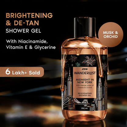 Wanderlust Midnight in New York Hydrating Body Wash Niacinamide Vit E Musk Orchid Caramel Lily