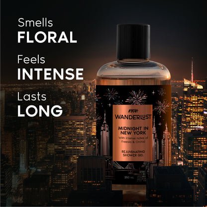 Wanderlust Midnight in New York Hydrating Body Wash Niacinamide Vit E Musk Orchid Caramel Lily
