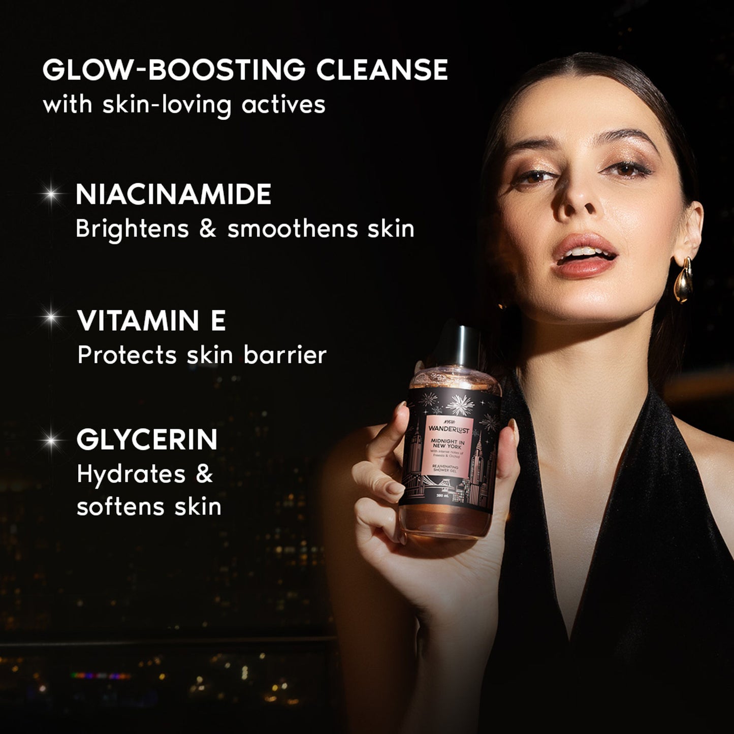 Wanderlust Midnight in New York Hydrating Body Wash Niacinamide Vit E Musk Orchid Caramel Lily