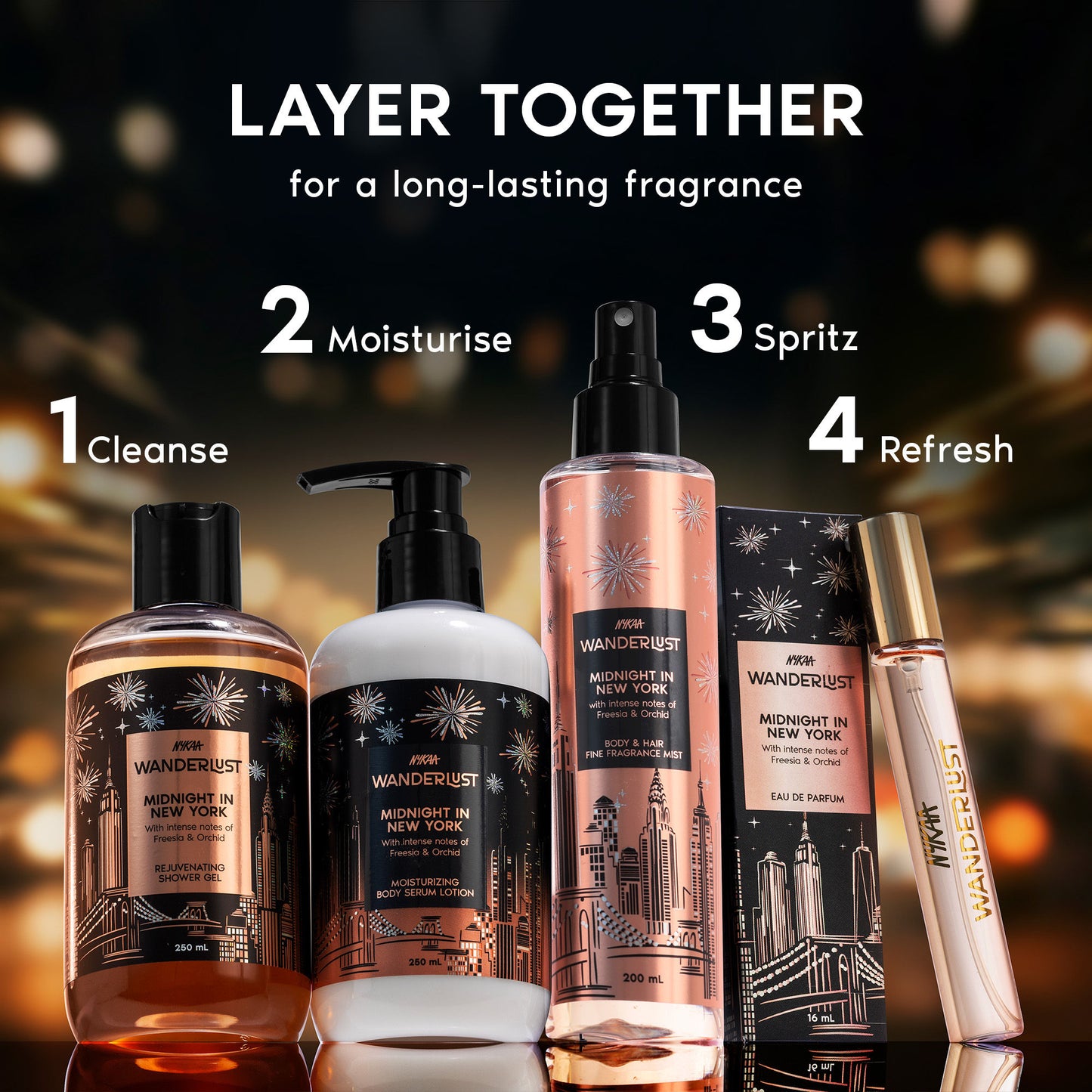 Wanderlust Midnight in New York Hydrating Body Wash Niacinamide Vit E Musk Orchid Caramel Lily