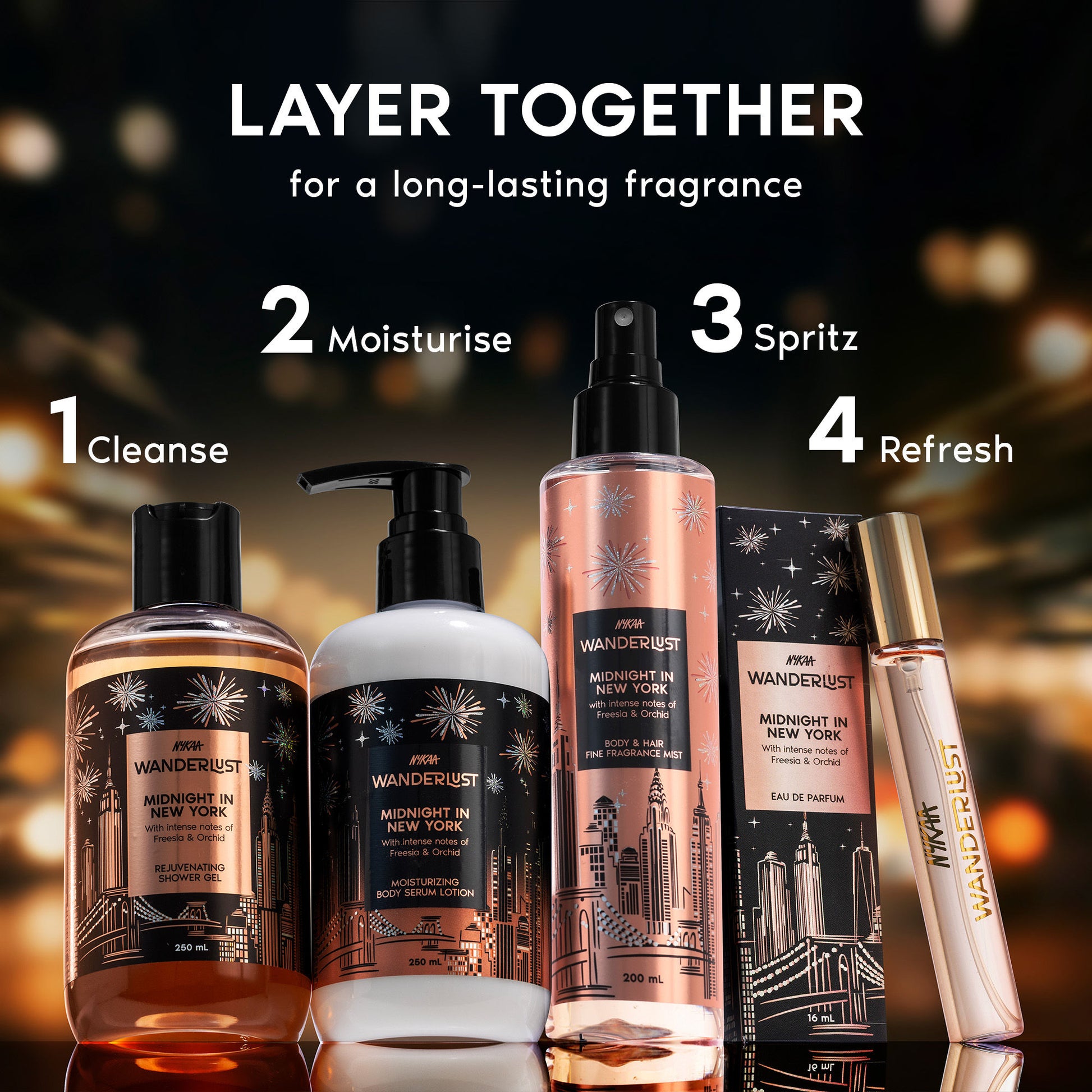 Wanderlust Midnight in New York Hydrating Body Wash Niacinamide Vit E Musk Orchid Caramel Lily