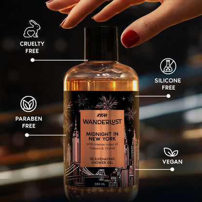Wanderlust Midnight in New York Hydrating Body Wash Niacinamide Vit E Musk Orchid Caramel Lily