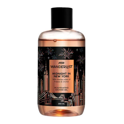 Wanderlust Midnight in New York Hydrating Body Wash Niacinamide Vit E Musk Orchid Caramel Lily
