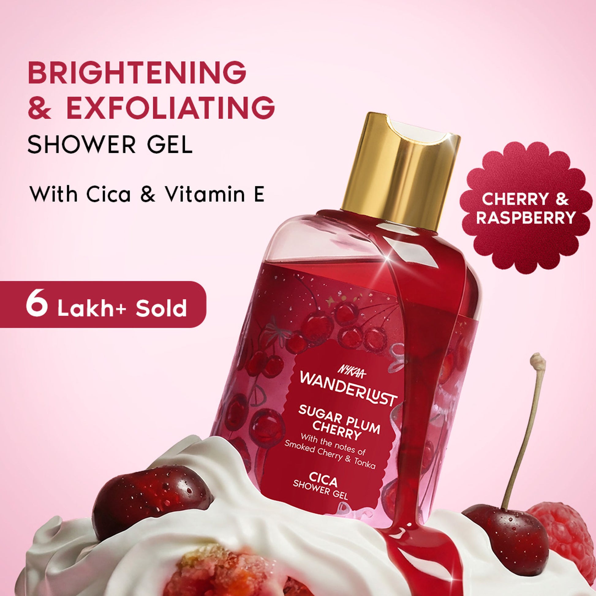 Wanderlust Sugar Plum Cherry Perfume Shower Gel With Cica, Vitamin E (Raspberry, Rose Perfume)