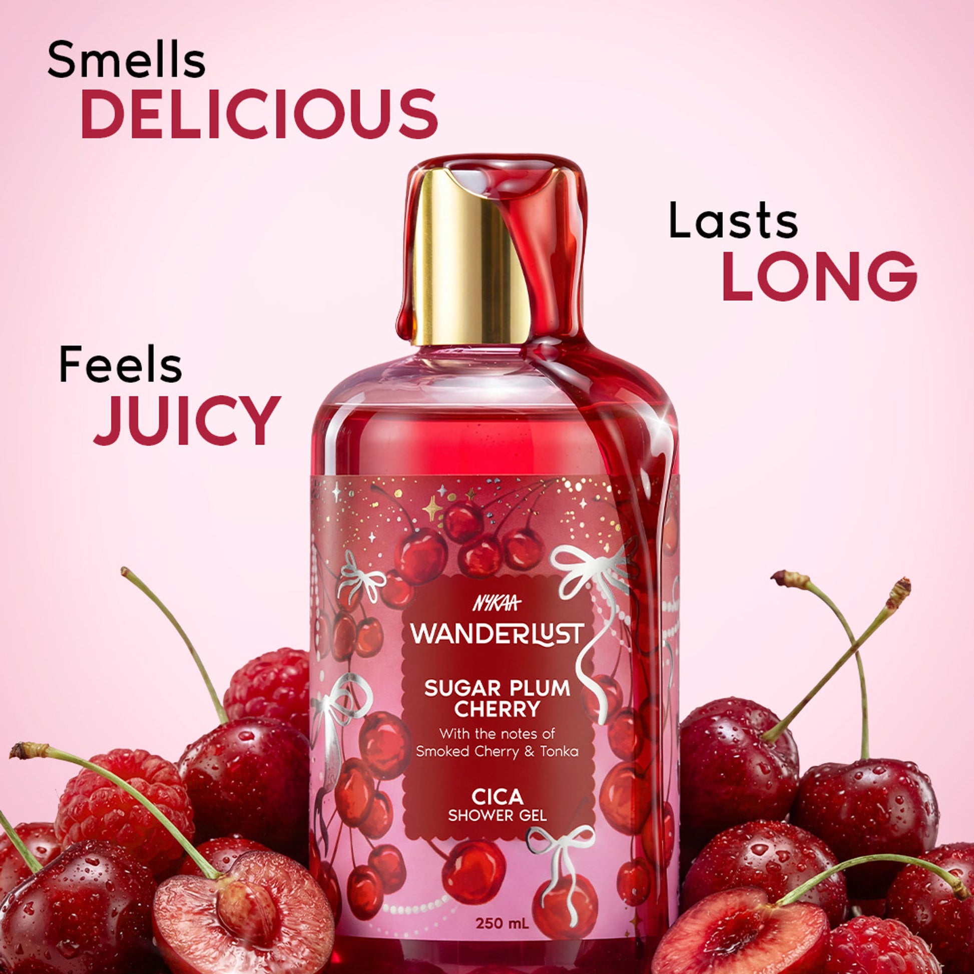 Wanderlust Sugar Plum Cherry Perfume Shower Gel With Cica, Vitamin E (Raspberry, Rose Perfume)