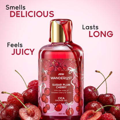 Wanderlust Sugar Plum Cherry Perfume Shower Gel With Cica, Vitamin E (Raspberry, Rose Perfume)