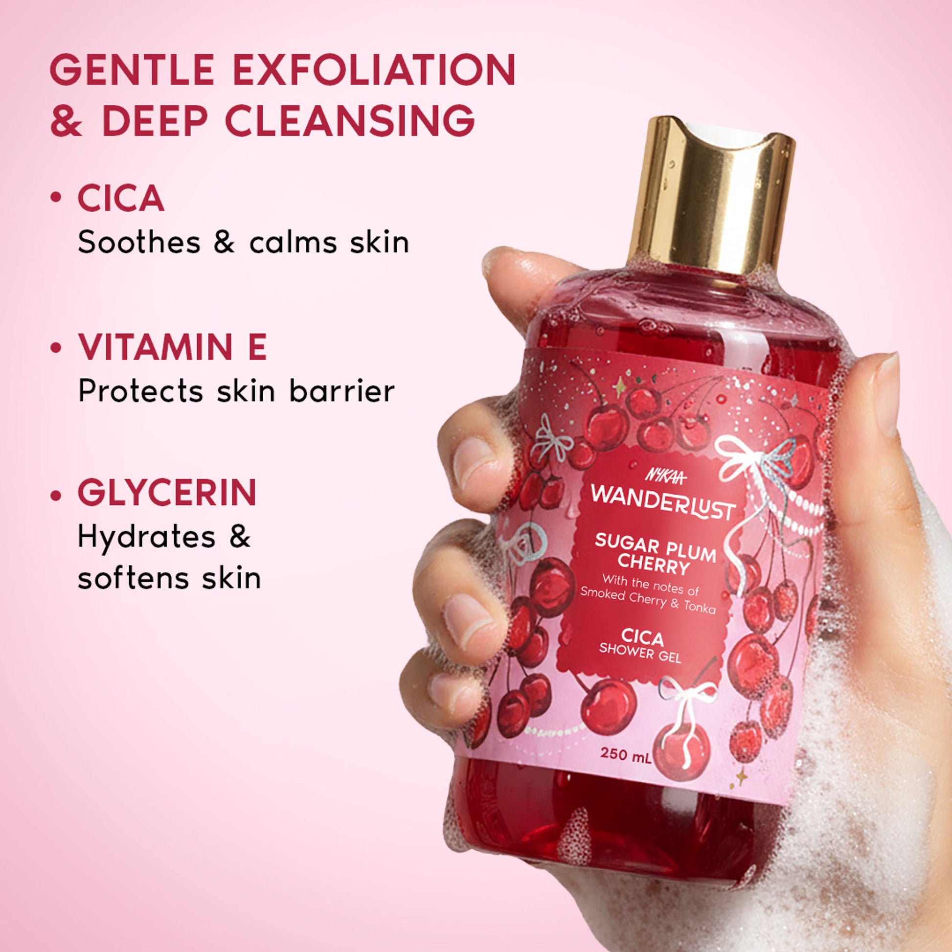 Wanderlust Sugar Plum Cherry Perfume Shower Gel With Cica, Vitamin E (Raspberry, Rose Perfume)
