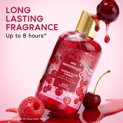 Wanderlust Sugar Plum Cherry Perfume Shower Gel With Cica, Vitamin E (Raspberry, Rose Perfume)