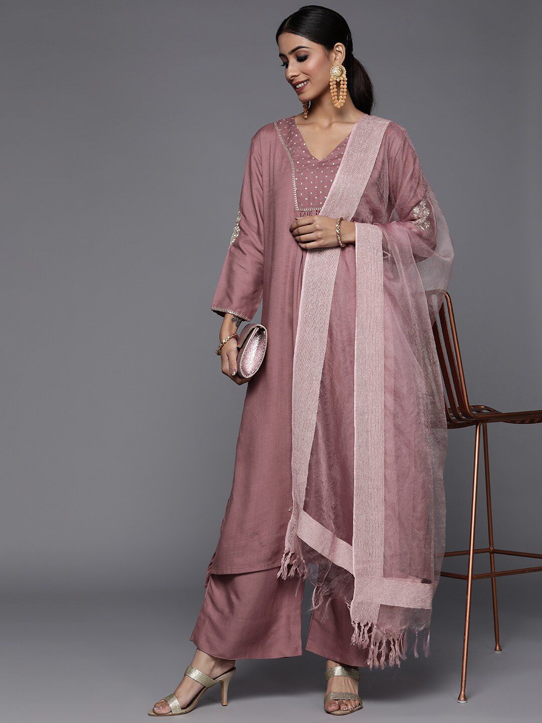 Indyancart VA Women'sGeometric Embroidered A-Line Kurta with Palazzos & With Dupatta