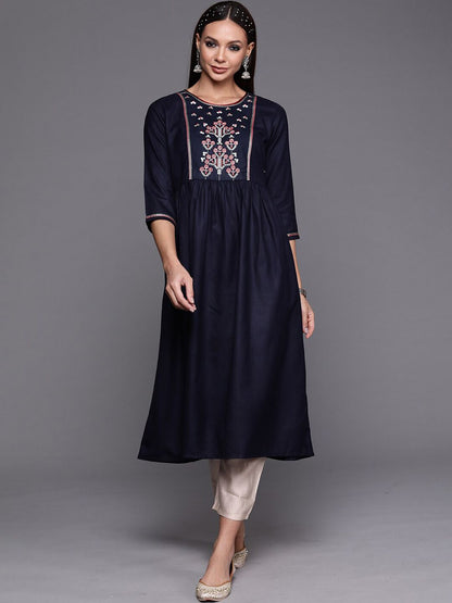 Dhiyona IE Women Yoke Design Embroidered A-line Cotton Kurta