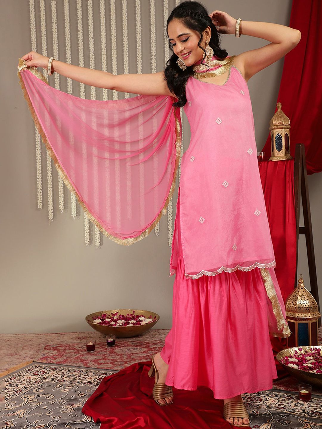 Indyancart VA Women Zari Detail Kurta & Trousers With Dupatta