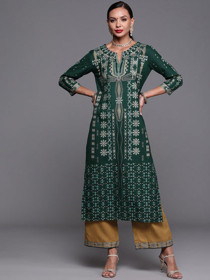 Indyancart IE Women Green & Grey Ethnic Motifs Foil Print Regular Kurta with Palazzos