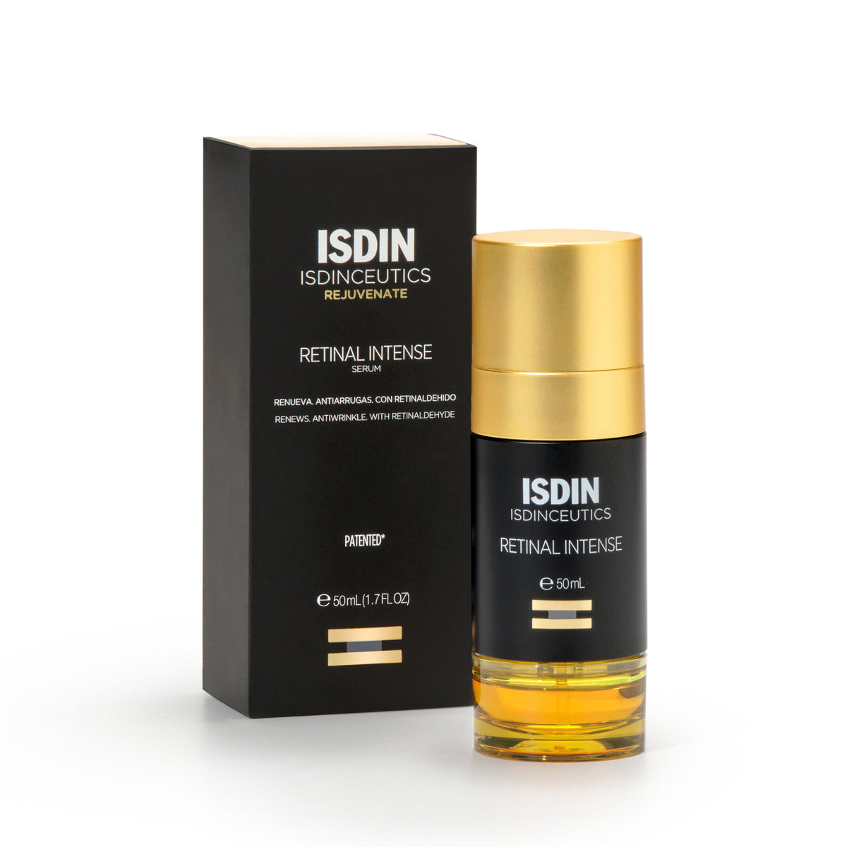 ISDIN Isdinceutics Retinal Intense serum bottle with dropper, featuring sleek design and white packaging.