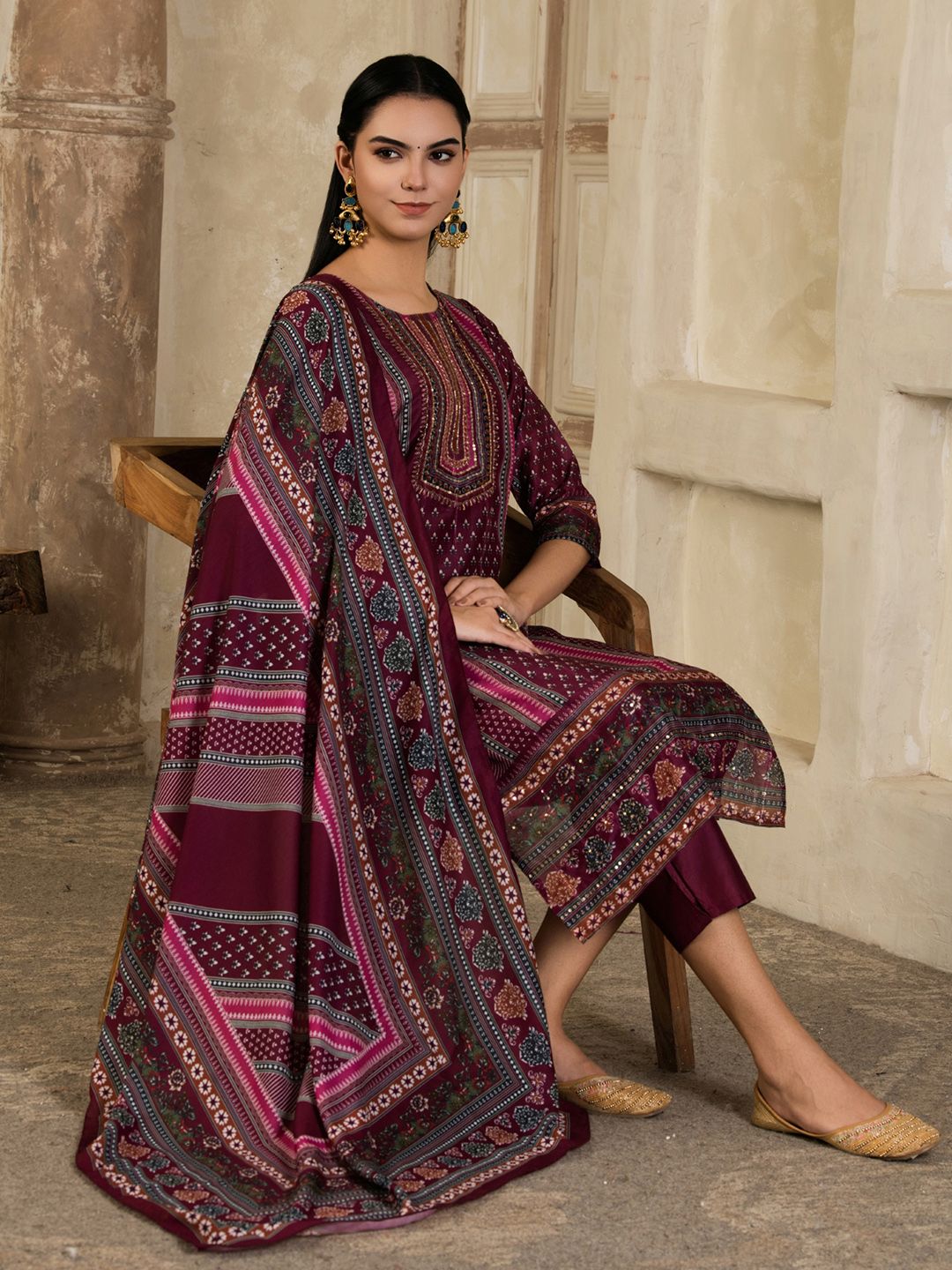 Indyancart SN Women's Floral Printed Round Neck Silk Blend Straight Kurta With Trousers & Dupatta