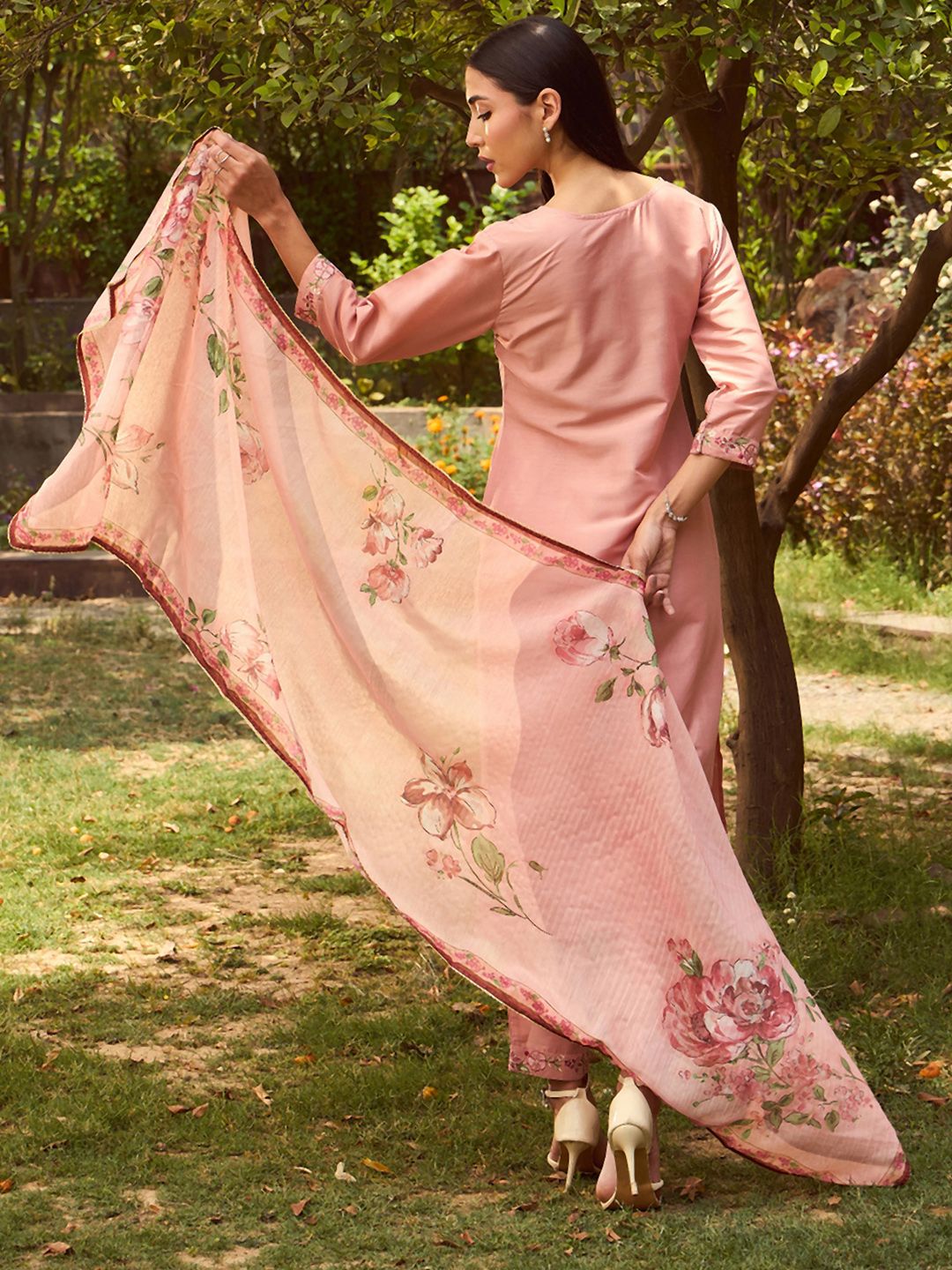 Indyancart IE V Neck Floral Embroidered Thread Work Kurta with Trouser & Dupatta