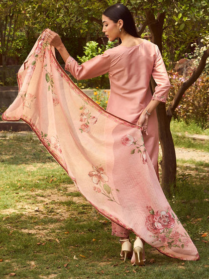 Indyancart IE V Neck Floral Embroidered Thread Work Kurta with Trouser & Dupatta