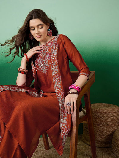 Indyancart SN Women's Embroidered Straight Kurta Set With Shrug
