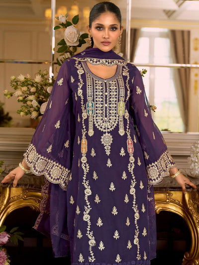 Indyancart IE Women's Ethnic Motifs Embroidered Zari Organza Straight Kurta & Trousers With Dupatta
